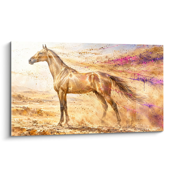 Tableau Cheval doré aux éclaboussures violettes - Mirage du désert - Edition Cheval Akhal-Teke