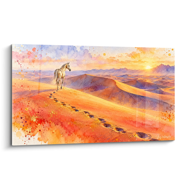 Tableau Cheval doré traversant des dunes orangées - Traversée dorée - Edition Cheval Akhal-Teke