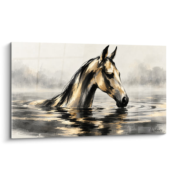 Tableau Cheval doré immergé dans une eau noire - Brume silencieuse - Edition Cheval Akhal-Teke