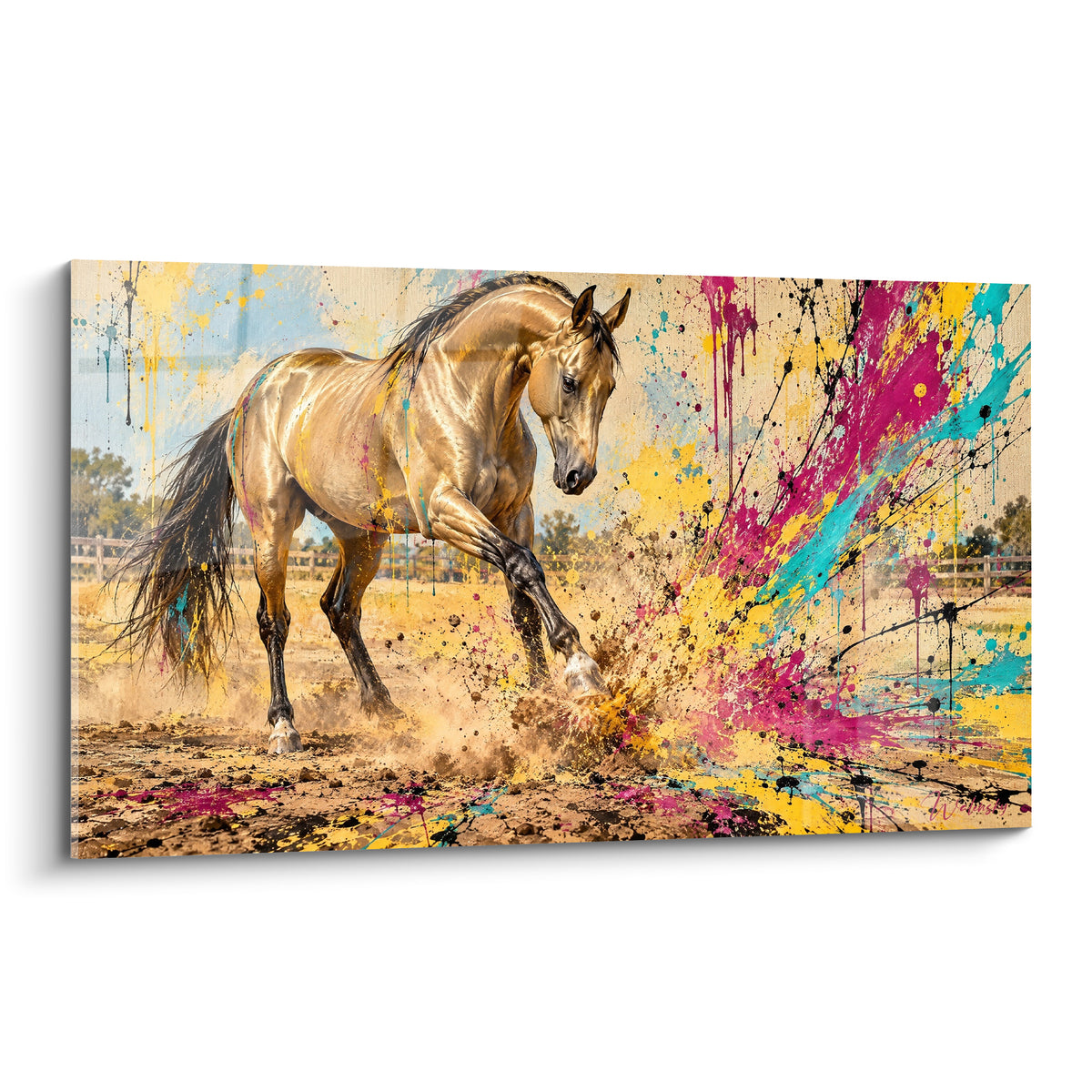 Tableau Cheval Akhal-Teke doré cabré dans des éclaboussures magenta et turquoise vibrantes