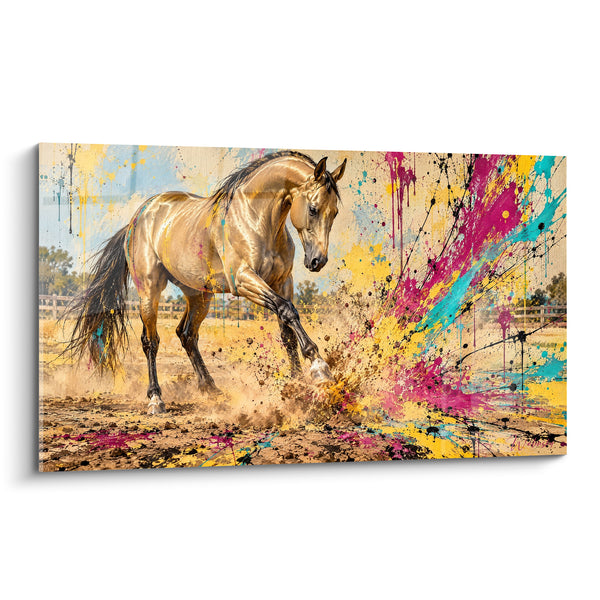 Tableau Cheval doré aux éclaboussures magenta et turquoise - Éruption de liberté - Edition Cheval Akhal-Teke