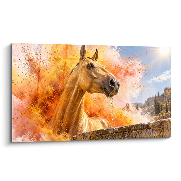 Tableau Cheval doré émergeant d'une brume ocre - Surgissement doré - Edition Cheval Akhal-Teke