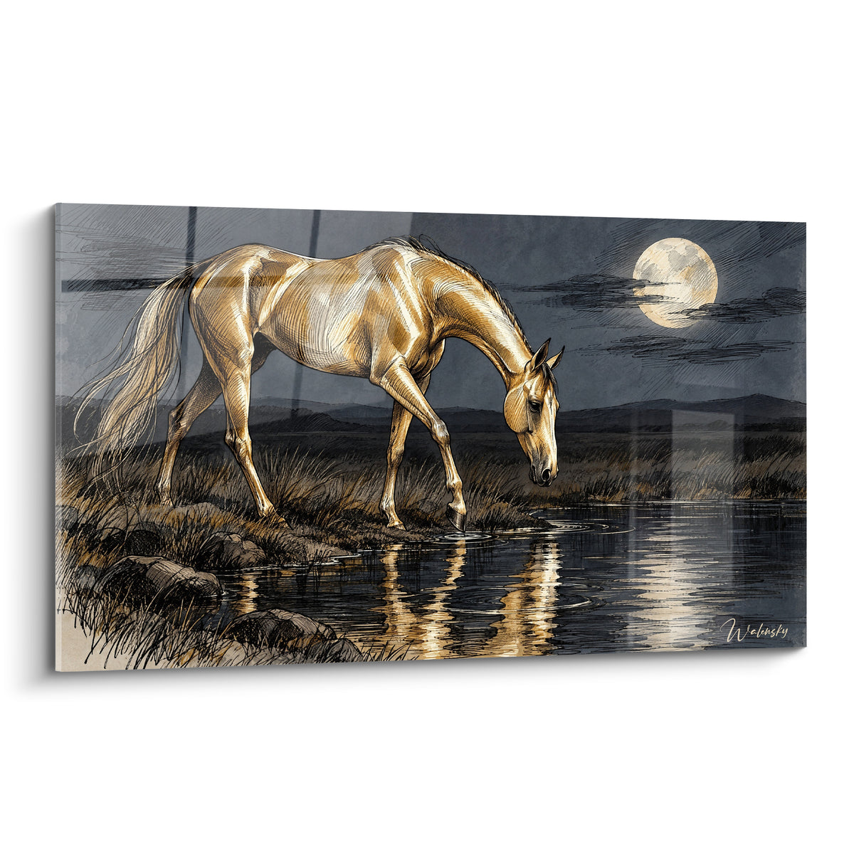 Tableau Cheval Akhal-Teke doré buvant au bord d'un lac sous une pleine lune anthracite
