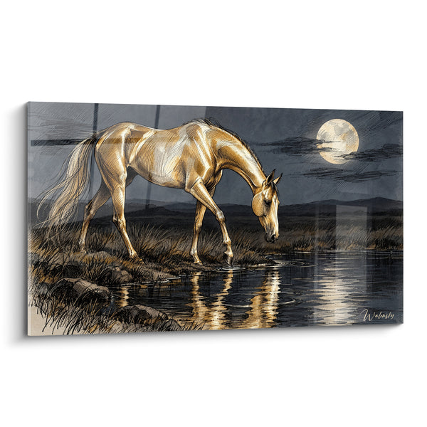 Tableau Cheval doré s'abreuvant au clair de lune - Halte nocturne - Edition Cheval Akhal-Teke