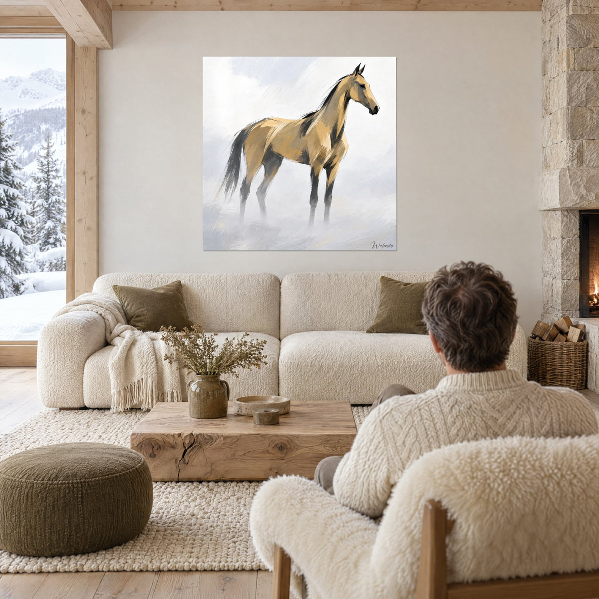 Tableau cheval Akhal-Teke doré et gris brumeux, silhouette fine dans la brume, au-dessus d'un canapé dans un salon lumineux
