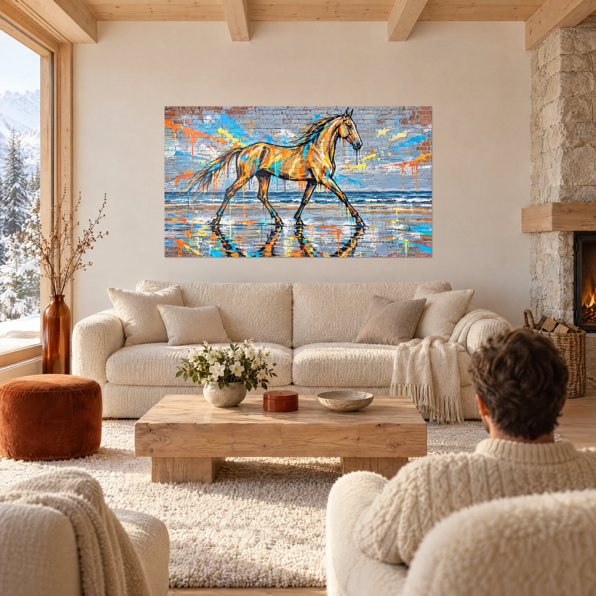 Tableau cheval doré au trot sur plage, éclaboussures bleues et orange sur mur de briques, au-dessus d'un canapé dans un salon lumineux