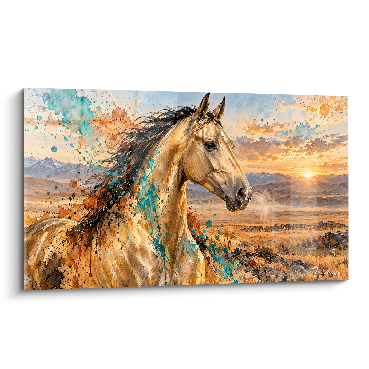 Tableau Cheval Akhal-Teke doré à crinière turquoise face au soleil levant sur fond de steppe