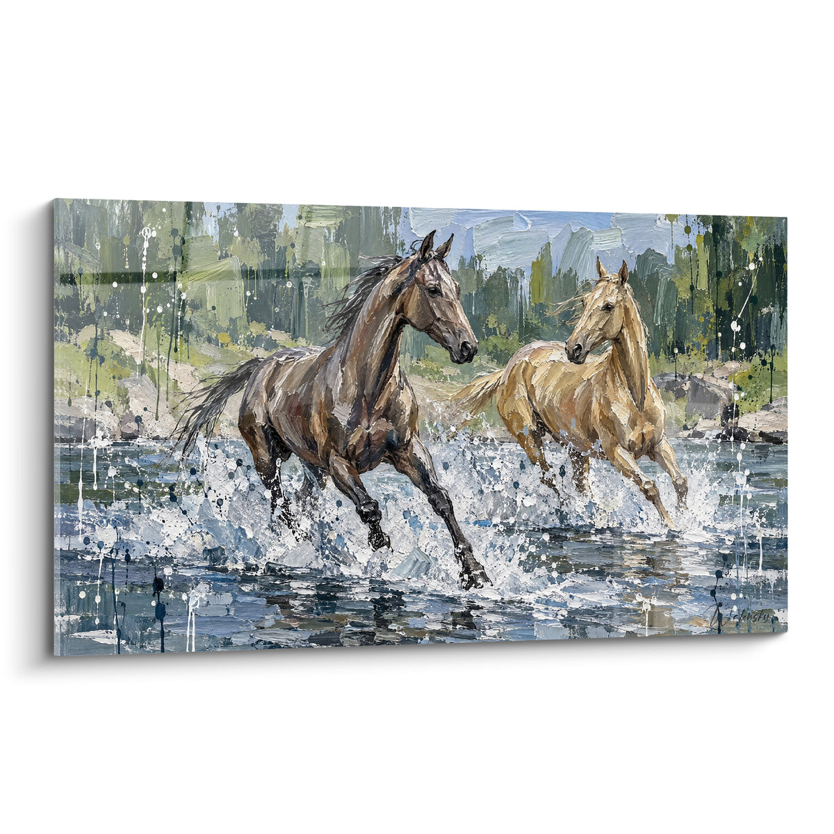 Tableau Cheval Akhal-Teke bai et crème galopant dans l'eau avec éclaboussures blanches et fond vert sauge
