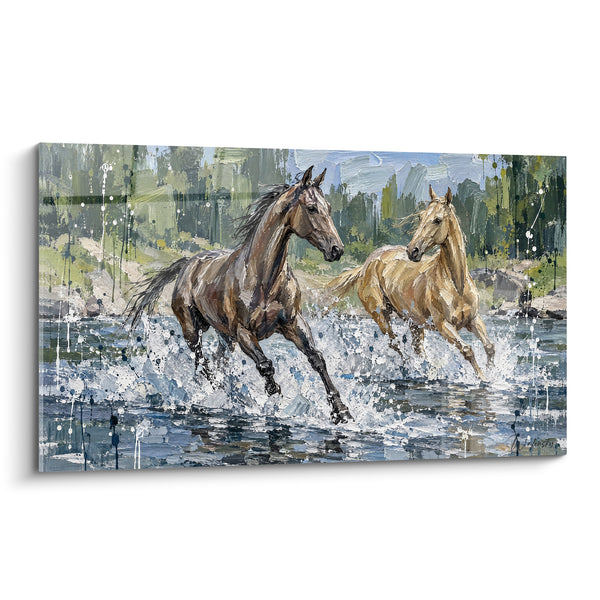 Tableau Deux chevaux bruns et crème traversant une rivière - Éclaboussures d'eau vive - Edition Cheval Akhal-Teke