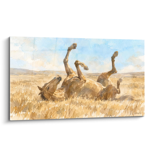 Tableau Cheval se roulant dans l'herbe dorée - Instant de liberté - Edition Cheval Akhal-Teke