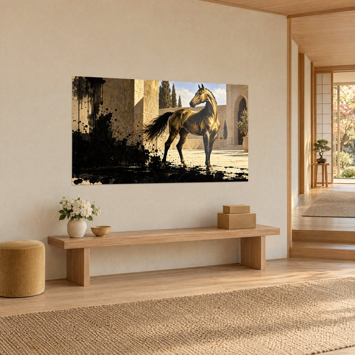 Tableau cheval à la robe d'or bruni dans une cour de pierre, ciel bleu et encre noire, sur un mur beige en trois-quarts