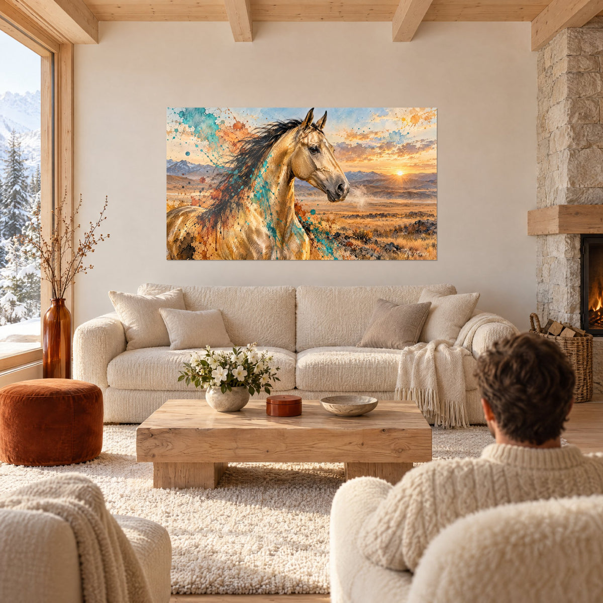 Tableau cheval isabelle à la crinière noire éclaboussée de turquoise, soleil orangé, au-dessus d'un canapé dans un salon lumineux
