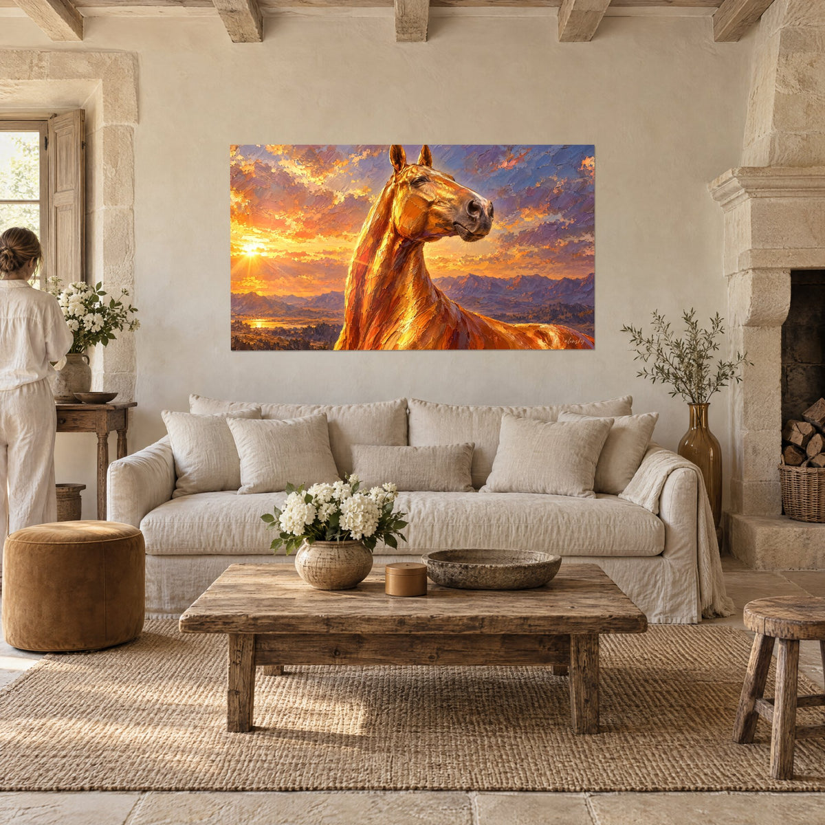 Tableau cheval Akhal-Teke à la robe d'or, ciel orange et violet en coups de couteau, au-dessus d'un canapé dans un salon lumineux