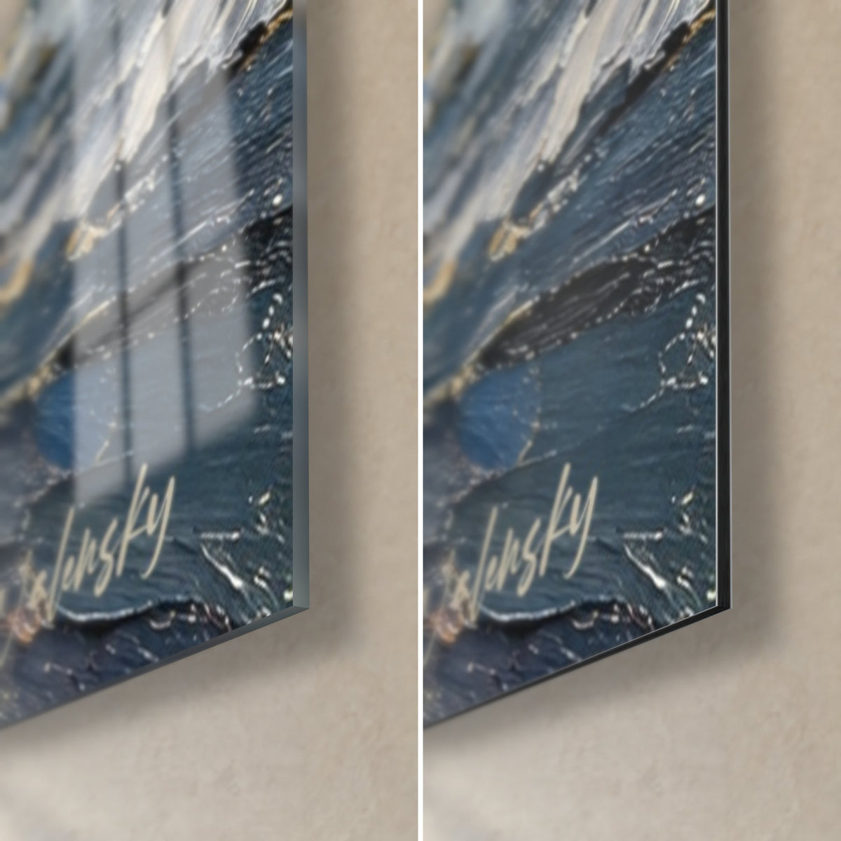 Tableau cheval doré, coin bas droit : verre acrylique brillant à gauche, Dibond mat à droite, tranche de 3 mm, vagues bleu marine