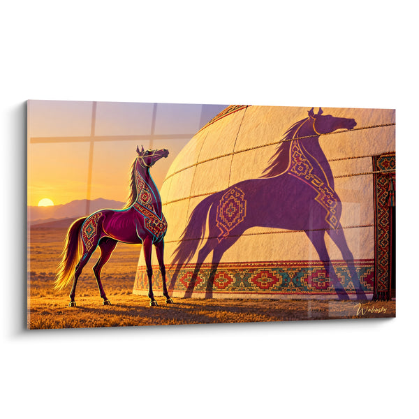 Tableau Cheval bai doré devant yourte brodée - Veillée nomade - Edition Cheval Akhal-Teke