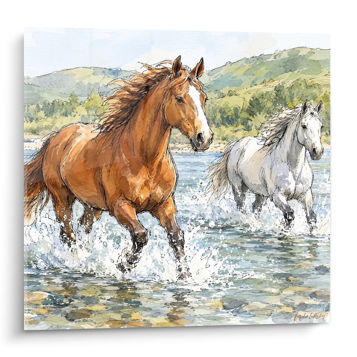 Tableau cheval alezan et blanc galopant dans une rivière, éclaboussures bleu pastel et collines vert sauge
