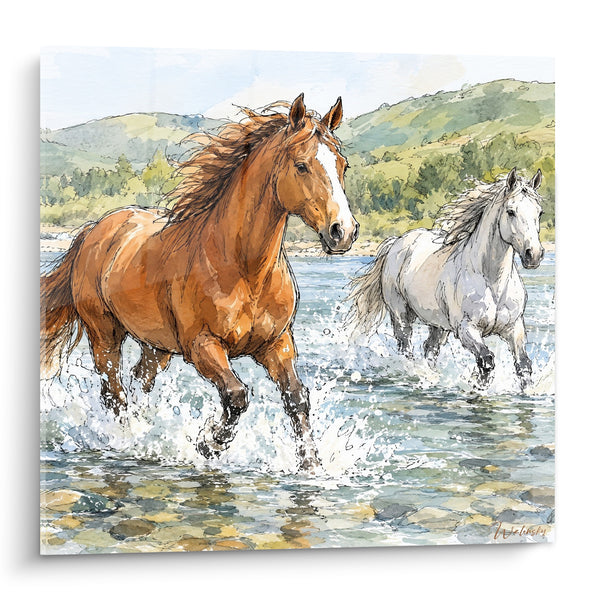 Tableau Chevaux alezan et blanc traversant une rivière - Course dans le courant - Edition Cheval