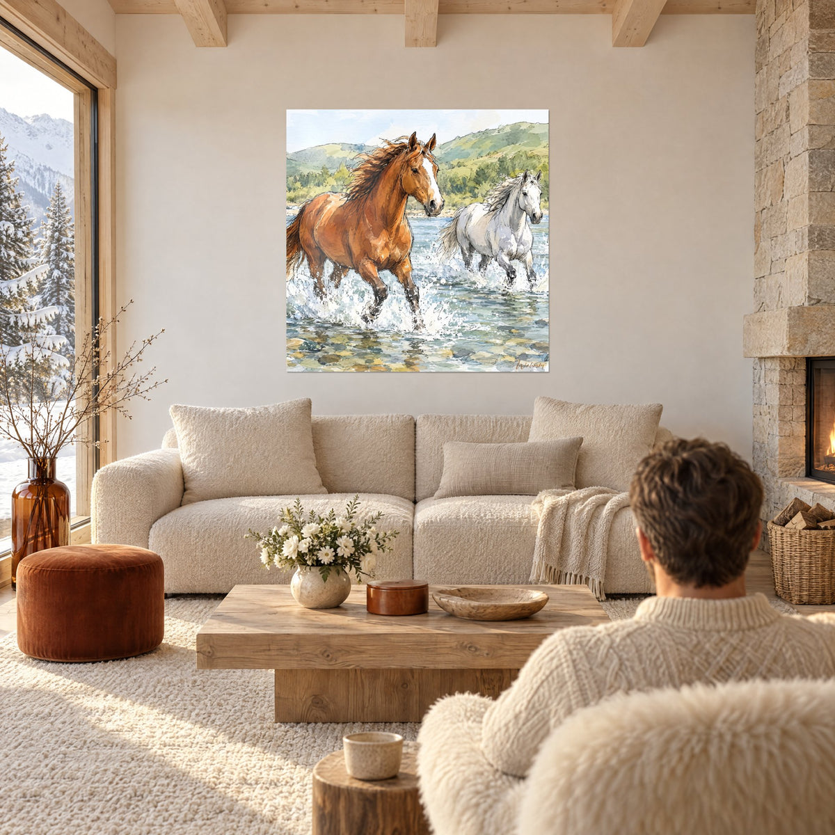 Tableau deux chevaux éclaboussant l'eau, alezan cuivré et robe blanche, crinière au vent, au-dessus d'un canapé dans un salon lumineux