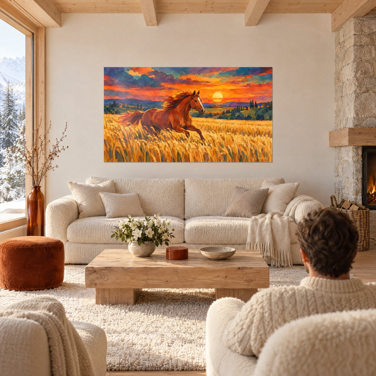 Tableau cheval alezan galopant dans des blés dorés sous un ciel orange et violet, au-dessus d'un canapé dans un salon lumineux