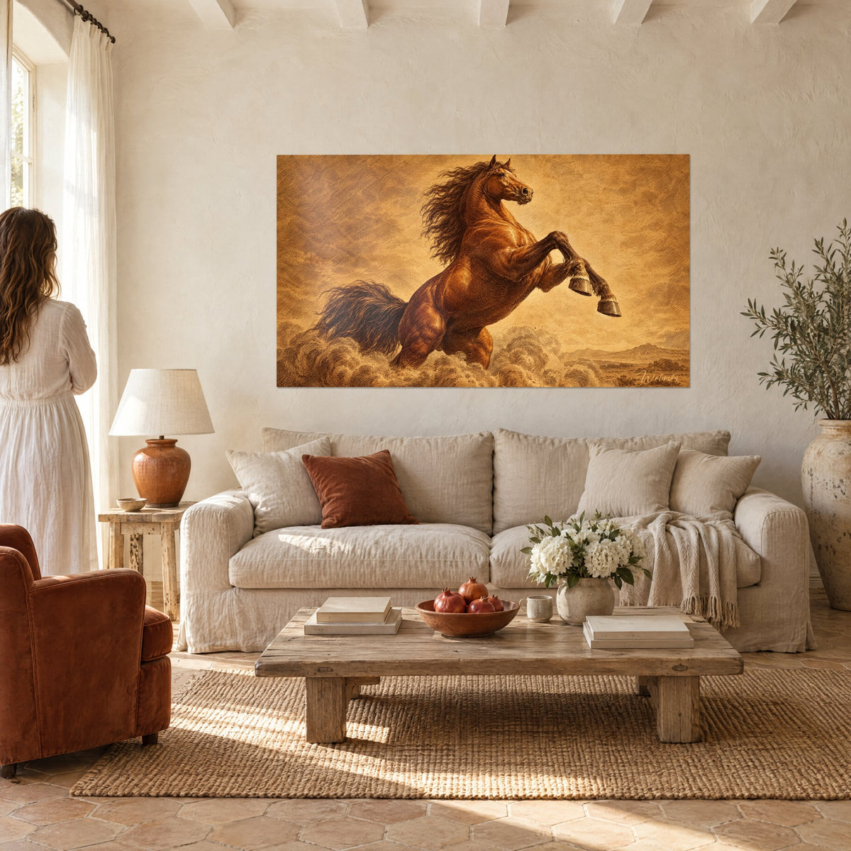 Tableau étalon alezan cabré en gravure sépia et ocre, crinière au vent, au-dessus d'un canapé dans un salon lumineux