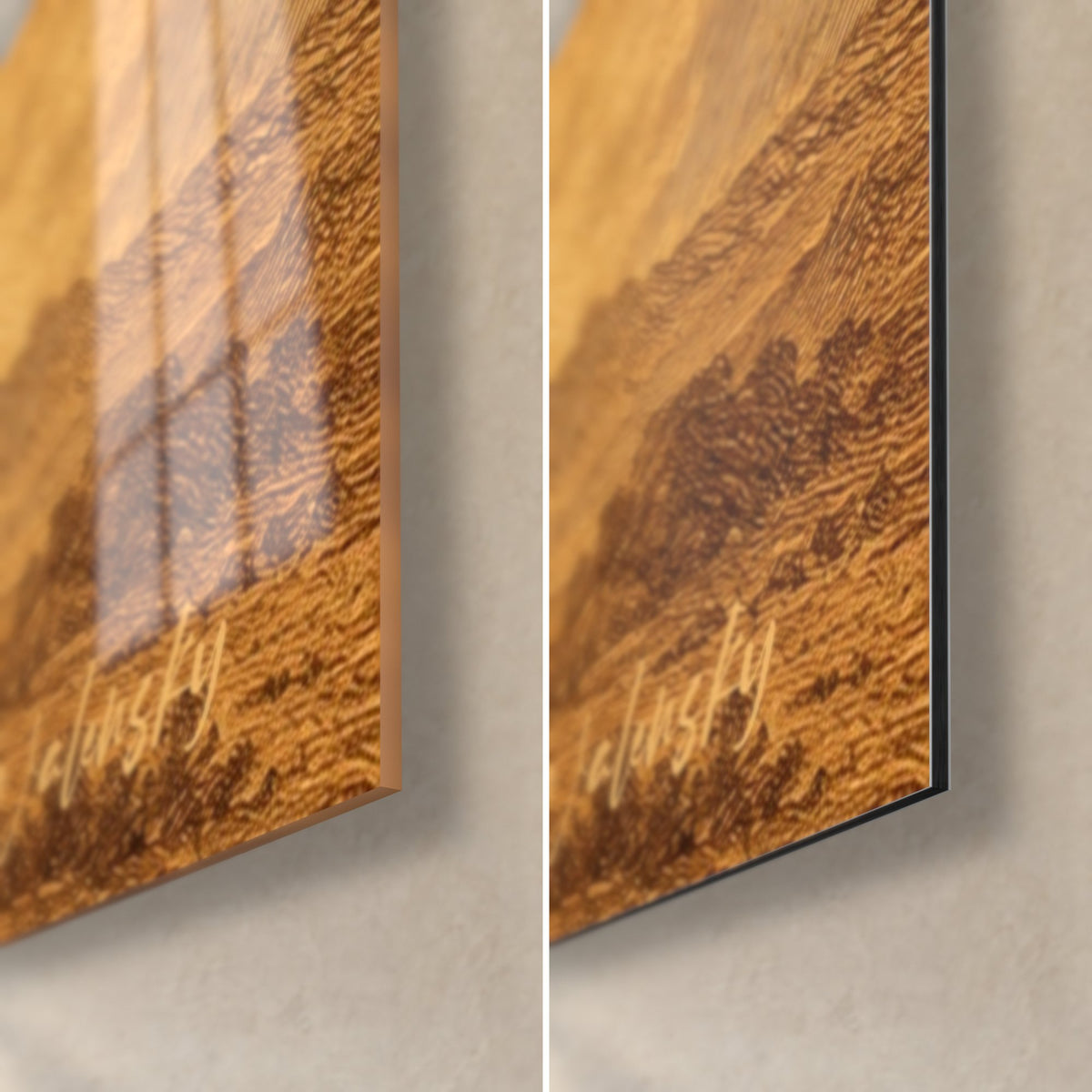 Tableau cheval alezan cabré, coin bas droit : verre acrylique brillant à gauche, Dibond mat à droite, tranche de 3 mm