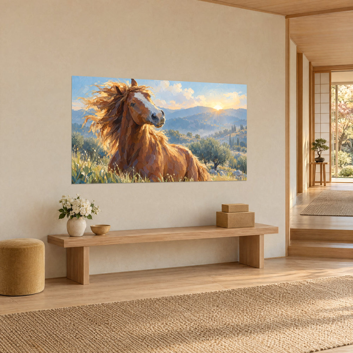 Tableau poney roux et blanc en coups de pinceau épais, ciel azur et oliviers verts, mur crème d'une entrée japandi