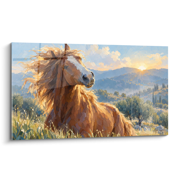 Tableau Cheval alezan crinière dorée collines - Souffle du matin - Edition Cheval