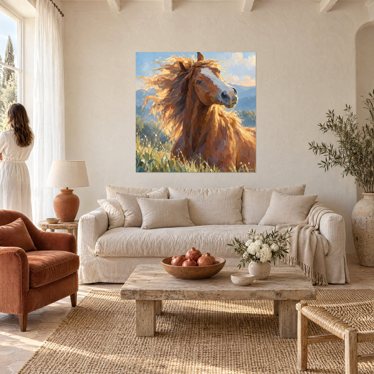 Tableau cheval alezan à la crinière dorée ébouriffée, ciel bleu et collines, admiré de dos au-dessus d'un canapé dans un salon lumineux