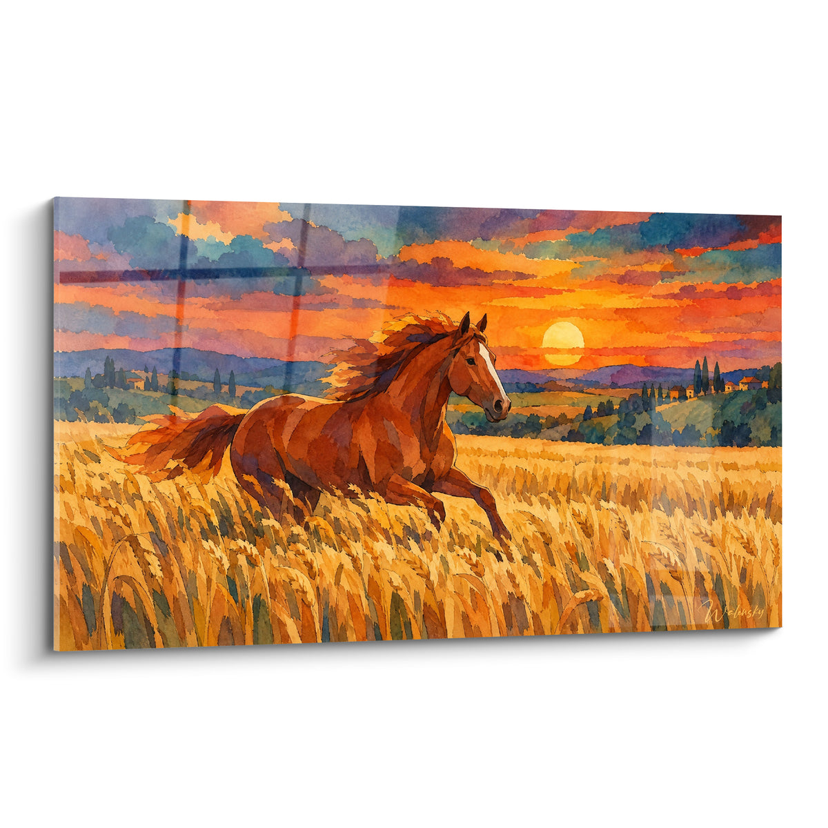 Tableau cheval alezan galopant dans un champ de blé doré sous un ciel orange et bleu nuit flamboyant