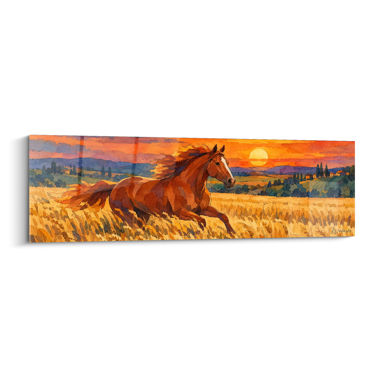 Tableau cheval alezan galopant dans un champ doré sous un coucher de soleil orangé et violet