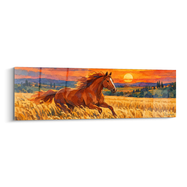 Tableau Cheval alezan au galop dans un champ doré - Liberté au crépuscule - Edition Cheval
