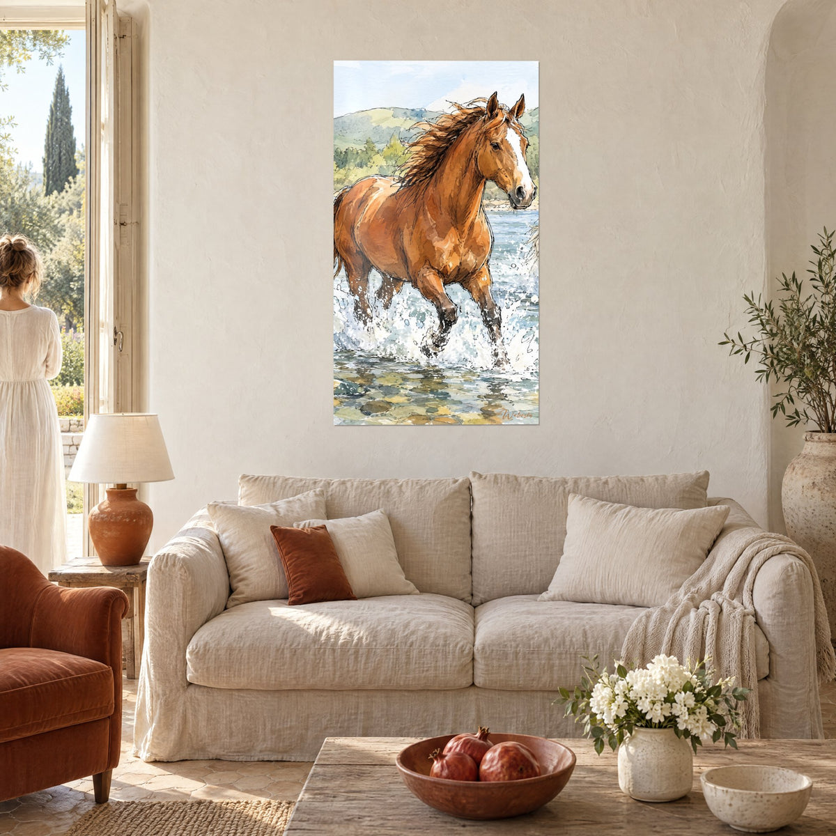 Tableau cheval alezan galopant dans un gué, crinière cuivrée et éclaboussures blanches, au-dessus d'un canapé dans un salon lumineux