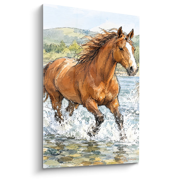 Tableau Cheval brun et blanc éclaboussant un gué - Collines verdoyantes au loin - Edition Cheval
