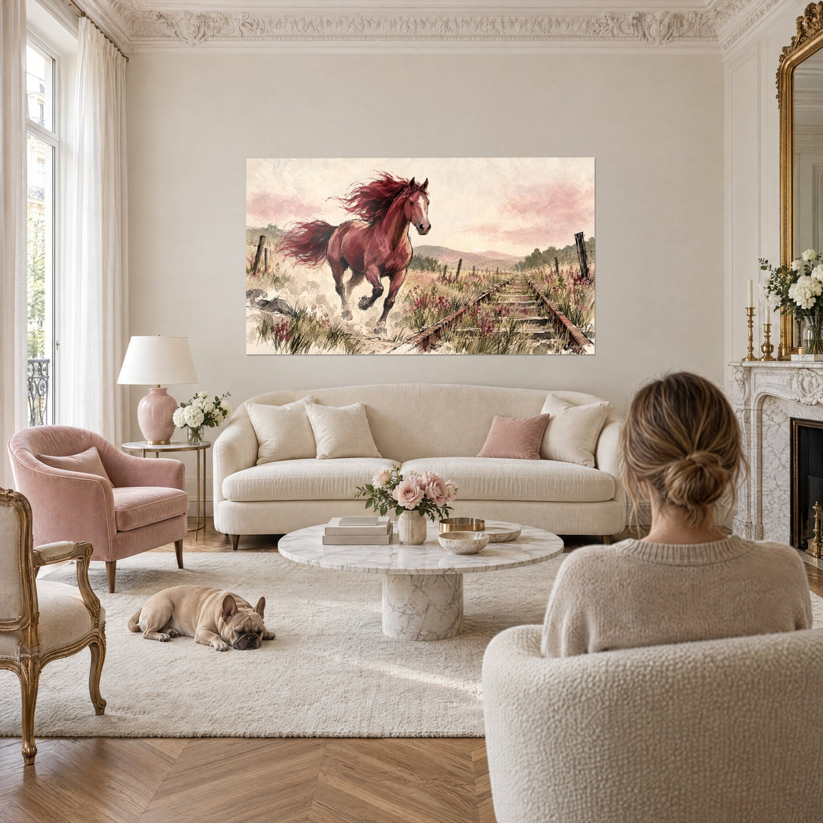 Tableau alezan lancé au galop, crinière bordeaux ébouriffée, ciel rose pâle, au-dessus d'un canapé dans un salon lumineux