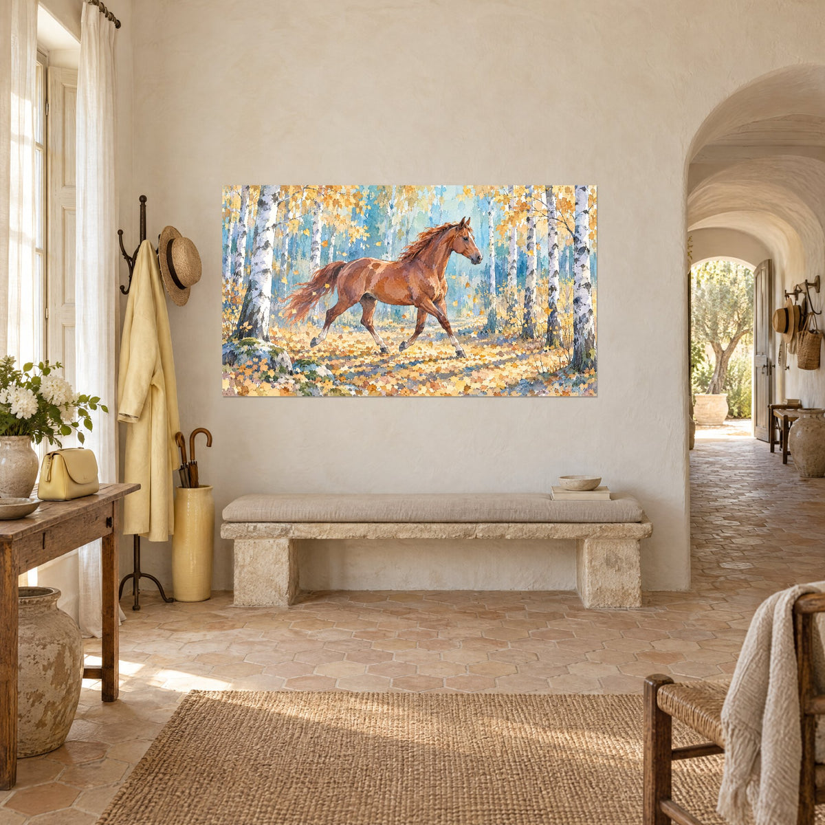 Tableau étalon roux lancé dans un sous-bois d'automne, troncs blancs et fond bleu turquoise, mas provençal, vue de trois-quarts