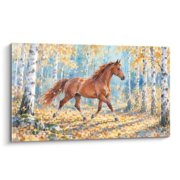 Tableau Cheval alezan entre bouleaux dorés - Trot d'automne - Edition Cheval
