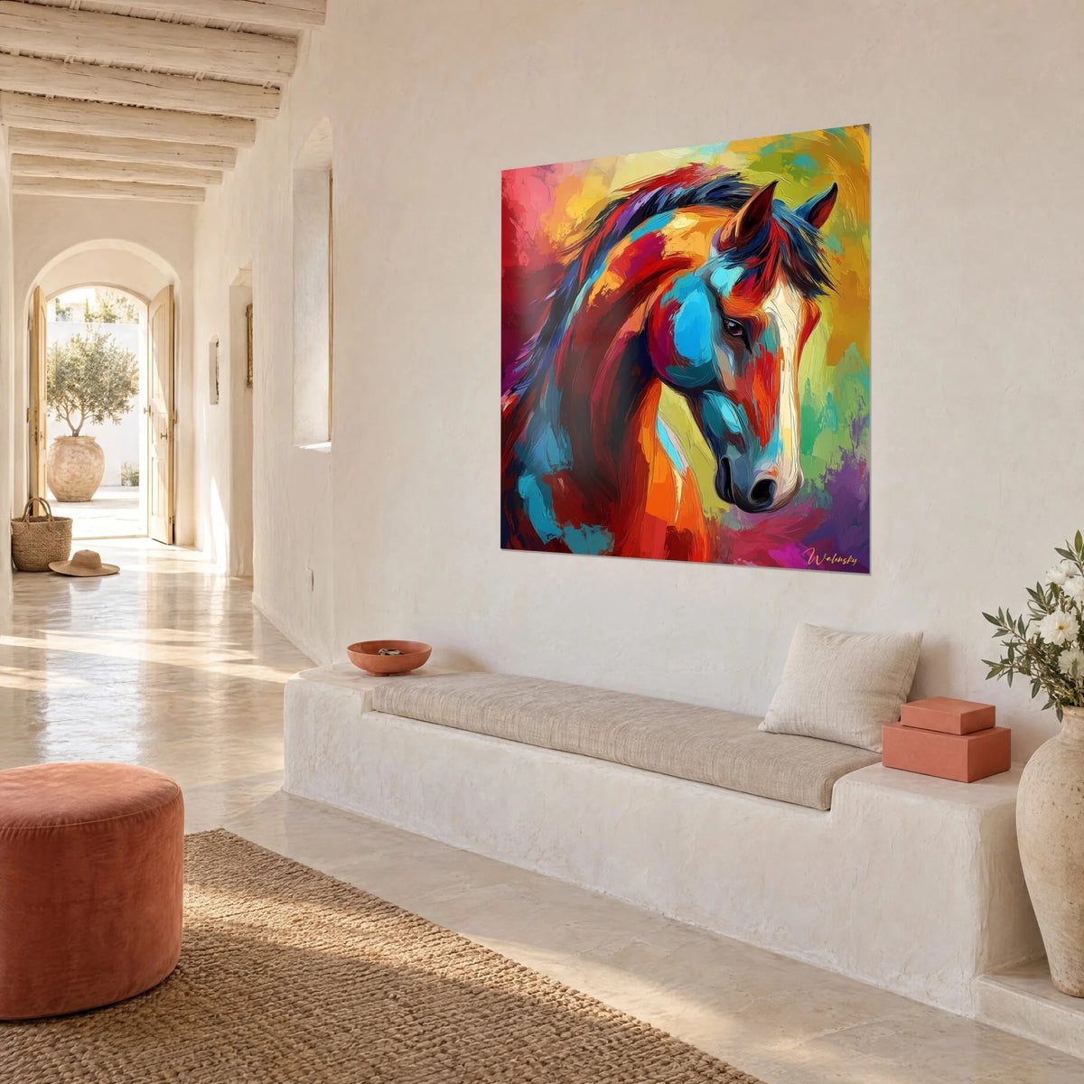 Tableau étalon peint au couteau, joue turquoise et chanfrein ivoire, accroché sur un mur blanc d'une maison méditerranéenne