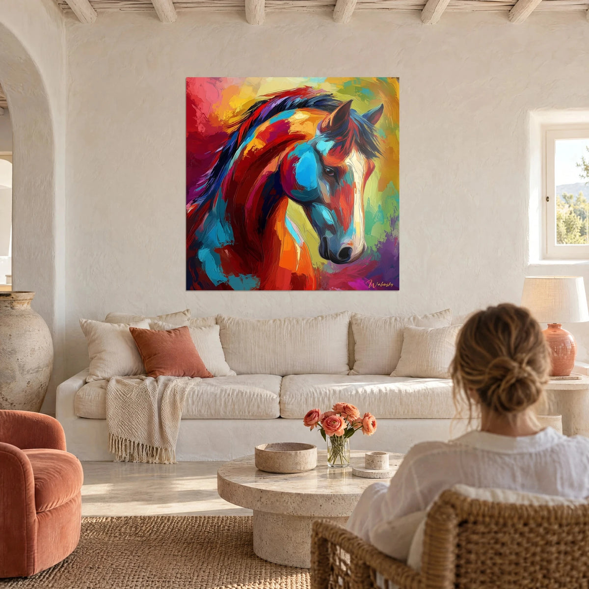 Tableau portrait de cheval aux crinières bleu nuit et rouge vif, fond jaune et magenta, au-dessus d'un canapé dans un salon lumineux