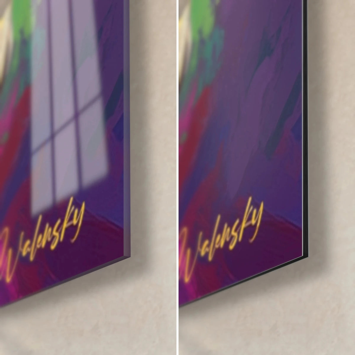 Tableau cheval aux touches violettes et or, signature Walensky, tranche de 3 mm, verre acrylique brillant et alu Dibond mat