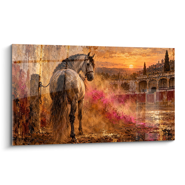 Tableau Cheval blanc attaché aux arènes dorées - Attente avant le combat - Edition Cheval Andalou