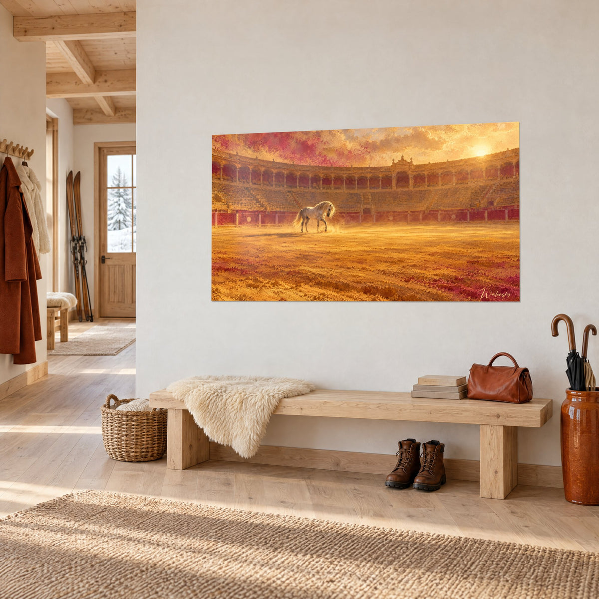 Tableau cheval andalou gris pommelé sur sable doré, gradins pourpres et soleil couchant, au-dessus d'un banc en bois d'un chalet