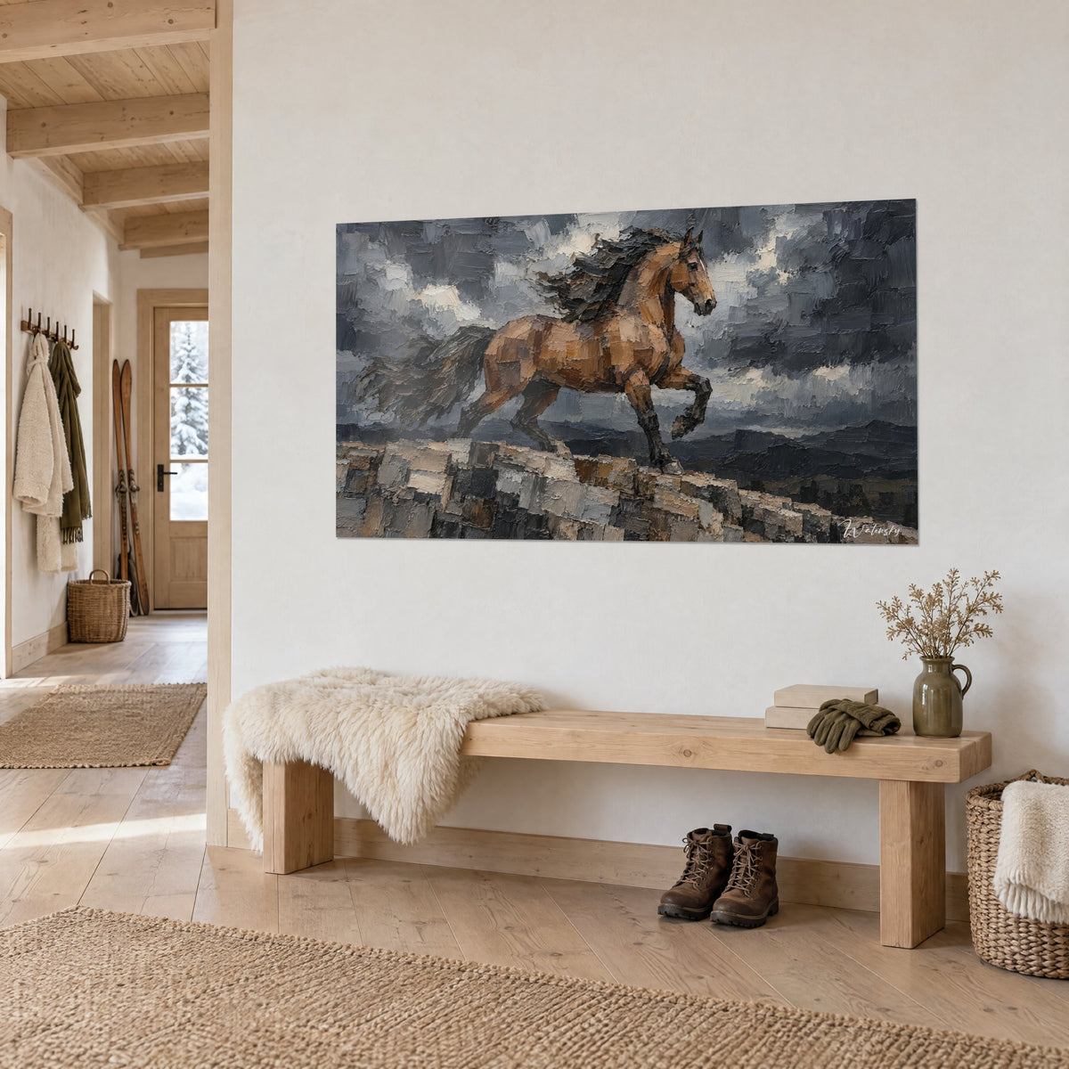 Tableau cheval bai fougueux, patte avant repliée, touches de couteau marron et anthracite, sur un mur blanc d'une entrée de chalet