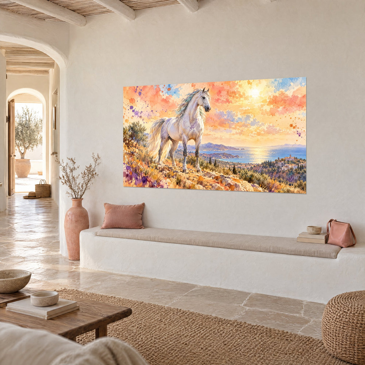Tableau cheval andalou gris perle dominant une baie dorée, éclaboussures violettes, vue de trois-quarts, banquette blanche en niche