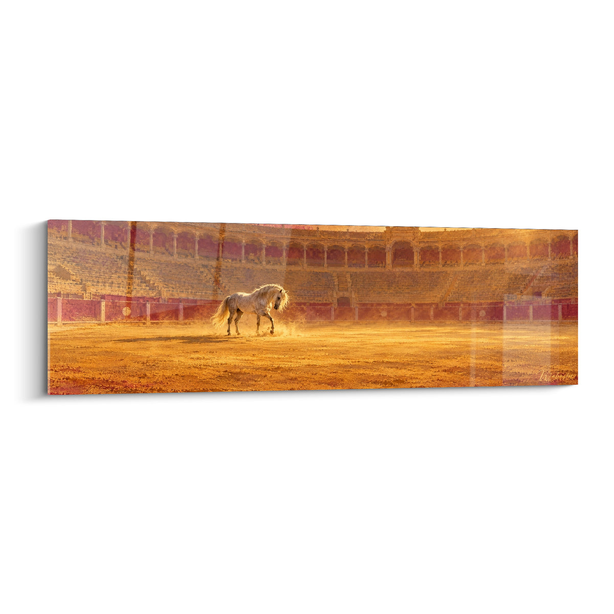 Tableau Cheval Andalou blanc traversant une arène dorée aux gradins rouge brique et ocre