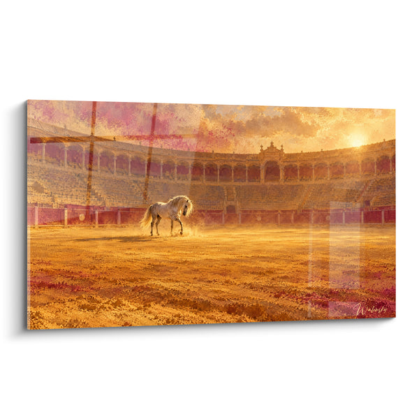 Tableau Cheval blanc dans arène dorée vide - Majesté solitaire - Edition Cheval Andalou