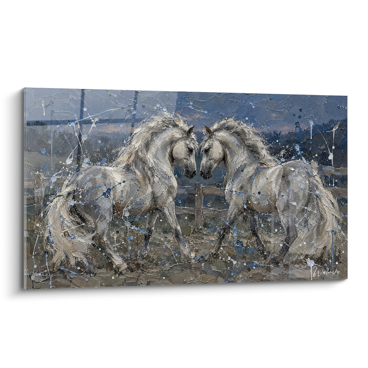 Tableau Cheval Andalou blanc crème face à face sur fond bleu marine texturé d'éclaboussures