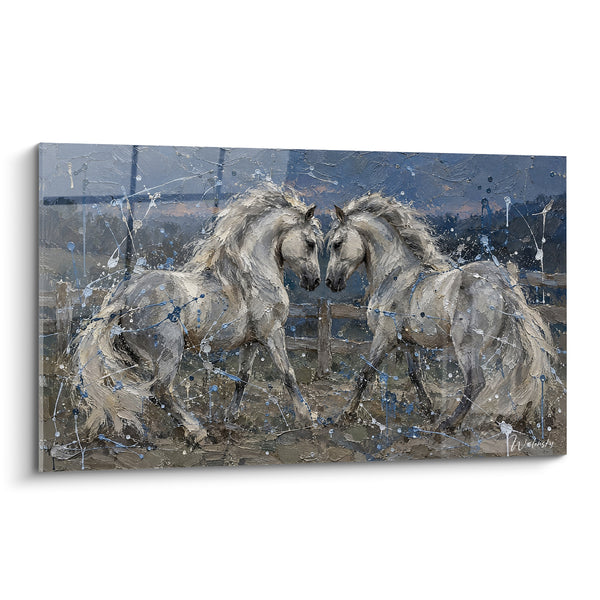 Tableau Chevaux blancs aux éclaboussures bleutées - Tendresse équestre - Edition Cheval Andalou