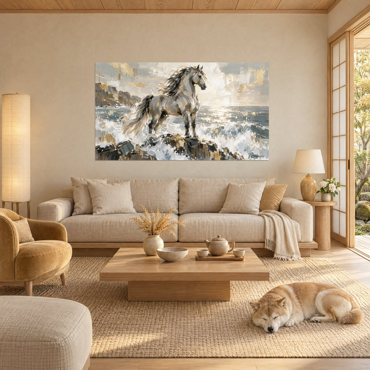 Tableau étalon blanc crinière noire fouettée par le vent sur rochers dorés, shiba endormi, au-dessus d'un canapé dans un salon lumineux