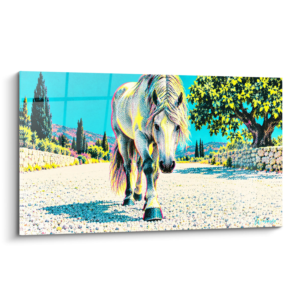 Tableau Cheval Andalou blanc avançant sur chemin turquoise et jaune éclatant