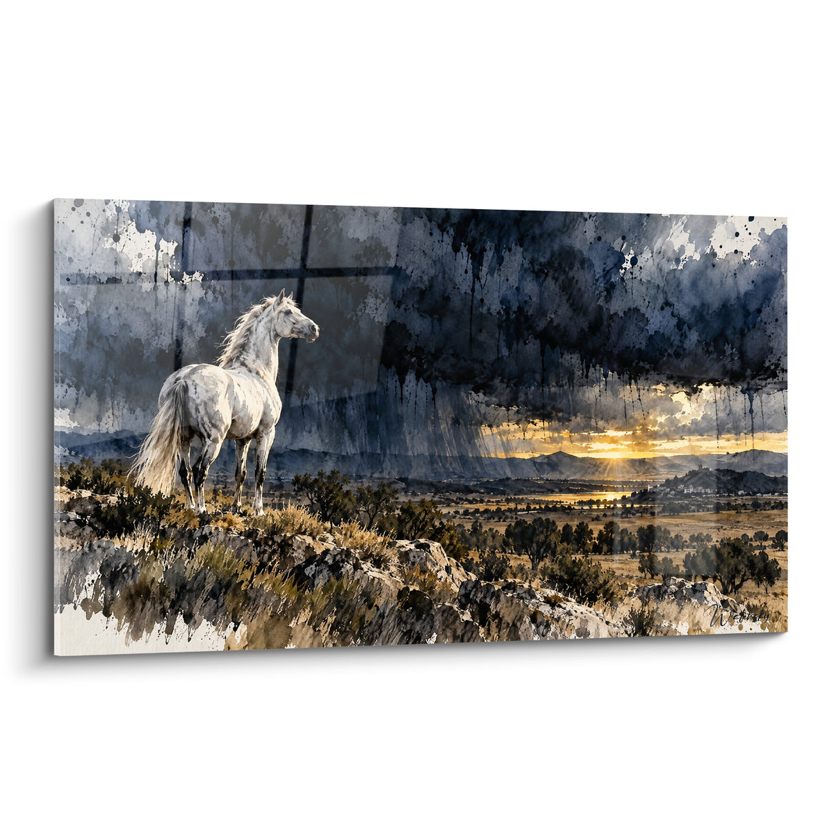 Tableau Cheval Andalou blanc dressé sur une crête, ciel anthracite percé de lumière dorée au loin